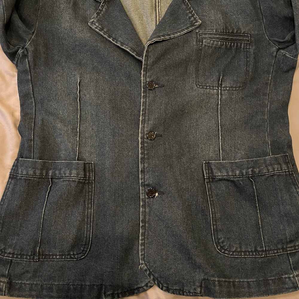 Denim Blazer Jacket Tailored Chore Coat Patch Pockets L 40 100 Cotton Y2K Style - Picture 6 of 11